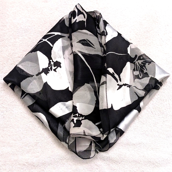 Fashion Scarf with Silky Look & Feel Floral Black & White, Long Style, 60" x 13" - Picture 2 of 6